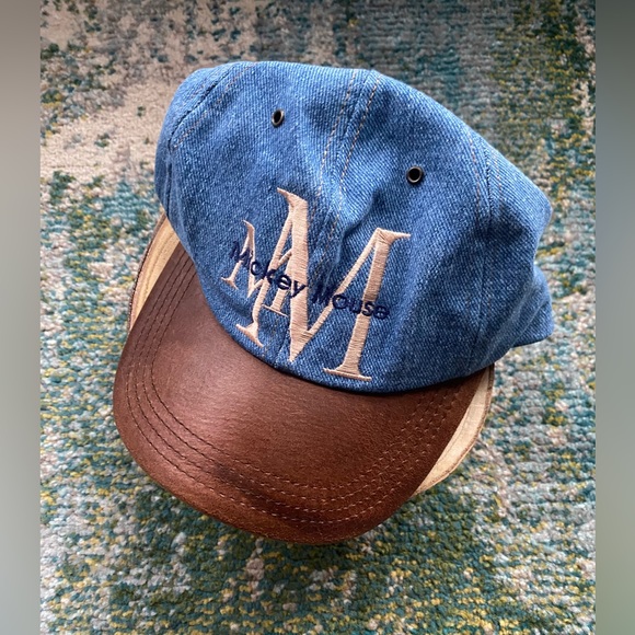 Vintage 90s Mickey Mouse denim and leather logo patch hat, one size - Picture 1 of 11
